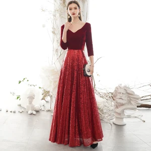 Scintillantes Bordeaux Hiver Robe De Soirée 2020 Princesse Daim V Cou Paillettes 3 4 Manches Dos Nu Longue Robe De Ceremonie