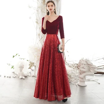 Glitter Bordeaux Winter Avondjurken 2020 A Lijn Suede V Hals Pailletten 3 4 Mouwen Ruglooze Lange Gelegenheid Jurken