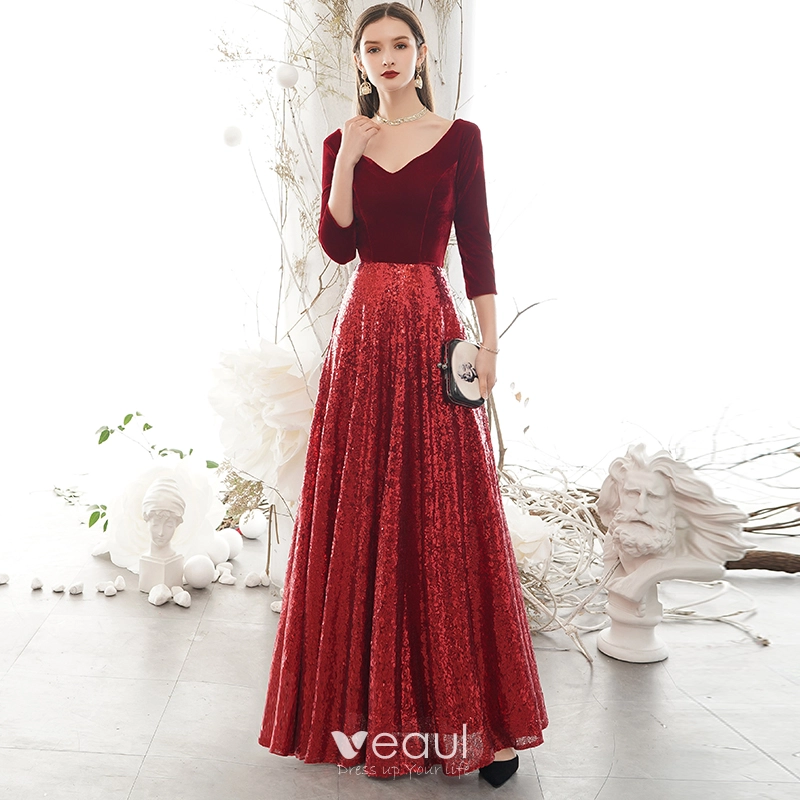 Sparkly Burgundy Winter Evening Dresses 2020 A Line Princess Suede V Neck Sequins 3 4 Sleeve Backless Floor Length Long Formal Dresses