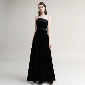 Modest Simple Black Evening Dresses 2020 A Line Princess Suede Strapless Sleeveless Backless Floor Length Long Formal Dresses