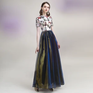 Élégant Bronze Bleu Roi Robe De Soirée 2020 Princesse Encolure Dégagée Paillettes Manches Courtes Longue Robe De Ceremonie