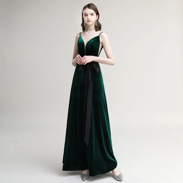 Elegant Dark Green Suede Evening Dresses  2020 A-Line / Princess Spaghetti Straps Bow Sleeveless Backless Floor-Length / Long Formal Dresses