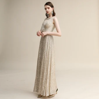 Scintillantes Champagne Paillettes Robe De Soirée 2020 Princesse V Cou Manches Courtes Dos Nu Longue Robe De Ceremonie