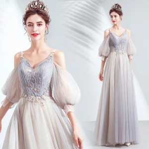 Charming Grey Prom Dresses 2020 A Line Princess V Neck Beading Sequins Lace Flower Short Sleeve Backless Floor Length Long Formal Dresses