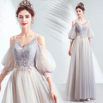Charming Grey Prom Dresses 2020 A Line Princess V Neck Beading Sequins Lace Flower Short Sleeve Backless Floor Length Long Formal Dresses