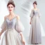 Charming Grey Prom Dresses 2020 A-Line / Princess V-Neck Beading Sequins Lace Flower Short Sleeve Backless Floor-Length / Long Formal Dresses