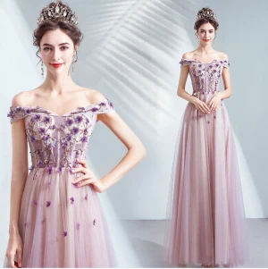 Chic Belle Violet Robe De Bal 2020 Princesse De L 039 Épaule Perlage Cristal Appliques En Dentelle Fleur Sans Manches Dos Nu Longue Robe De Ceremonie