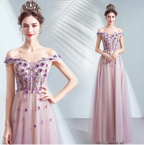 Chic / Beautiful Purple Prom Dresses 2020 A-Line / Princess Off-The ...
