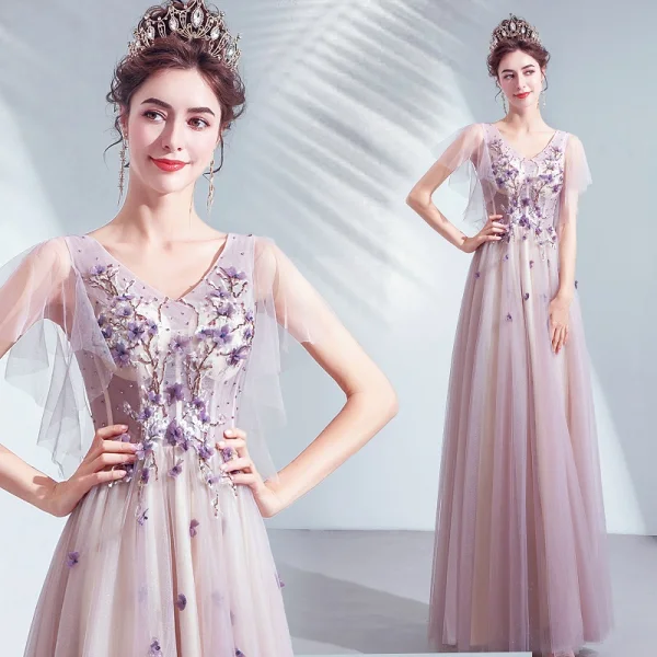 Chic / Belle Violet Robe De Bal 2020 Princesse V-Cou Appliques En Dentelle Fleur Perlage Cristal Manches Courtes Dos Nu Longue Robe De Ceremonie