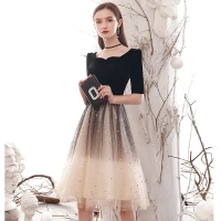 Fashion Black Gradient-Color Homecoming Graduation Dresses 2021 A-Line / Princess Square Neckline Star Sequins Short Sleeve Knee-Length Formal Dresses