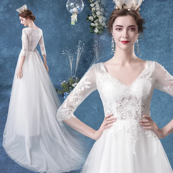 Affordable Ivory Wedding Dresses 2020 A-Line / Princess V-Neck Lace Flower 3/4 Sleeve Court Train