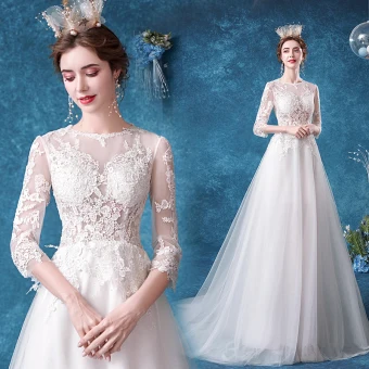 Abordable Ivoire Robe De Mariée 2020 Princesse Encolure Dégagée En Dentelle Fleur 3 4 Manches Tribunal Train
