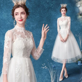 Affordable Ivory Wedding Dresses 2020 A Line Princess High Neck Pearl Lace Flower 3 4 Sleeve Tea Length