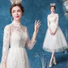 Affordable Ivory Wedding Dresses 2020 A-Line / Princess High Neck Pearl Lace Flower 3/4 Sleeve Tea-length