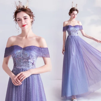 Charmant Lavande Robe De Bal 2020 Princesse Glitter Tulle De L 039 Épaule Perle Faux Diamant En Dentelle Fleur Manches Courtes Dos Nu Longue Robe De Ceremonie