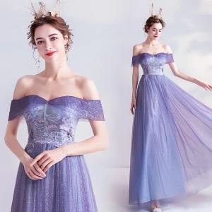 Encantador Espliego Vestidos De Gala 2020 A Line Princess Glitter Tul Fuera Del Hombro Perla Rhinestone Con Encaje Flor Manga Corta Sin Espalda Largos Vestidos Formales