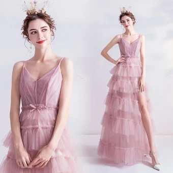Chic Belle Nues Robe De Soirée 2020 Princesse Bretelles Spaghetti Noeud Sans Manches Dos Nu Volants En Cascade Fendue Devant Longue Robe De Ceremonie