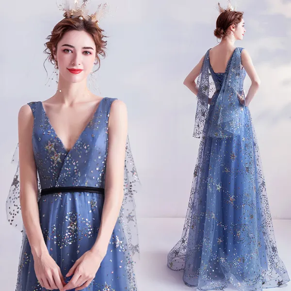 Fashion Ocean Blue Prom Dresses 2020 A-Line / Princess V-Neck Glitter Star Sequins Sleeveless Backless Floor-Length / Long Formal Dresses