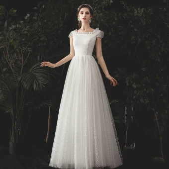 Modest Simple Ivory Spotted Wedding Dresses 2020 A Line Princess Square Neckline Cap Sleeves Backless Floor Length Long