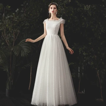 Simple Ivoire Tachetée Robe De Mariée 2020 Princesse Encolure Carrée Mancherons Dos Nu Longue