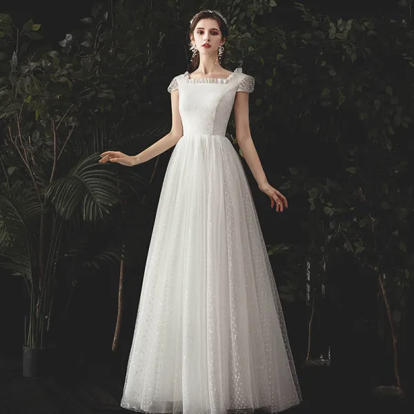 Modest / Simple Ivory Spotted Wedding Dresses 2020 A-Line / Princess Square Neckline Cap Sleeves Backless Floor-Length / Long
