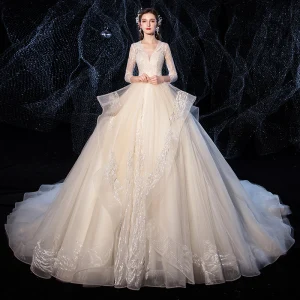 Charming Champagne Wedding Dresses 2020 Ball Gown V Neck Glitter Beading Sequins Rhinestone 3 4 Sleeve Backless Royal Train