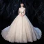 Charming Champagne Wedding Dresses 2020 Ball Gown High Neck Beading Lace Flower Cap Sleeves Backless Cathedral Train