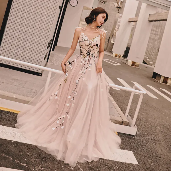 Chic Beautiful Blushing Pink Summer Evening Dresses 2018 A Line Princess Appliques Bow