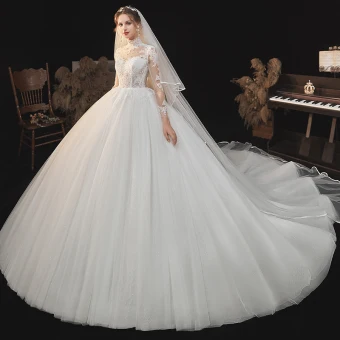 Illusion Ivory See Through Lace Flower Wedding Dresses 2021 Ball Gown High Neck 3 4 Sleeve Backless Cathedral Train Wedding