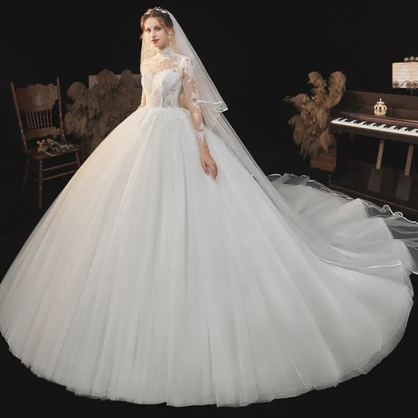 Illusion Ivory See-through Lace Flower Wedding Dresses 2021 Ball Gown High Neck 3/4 Sleeve Backless Cathedral Train Wedding