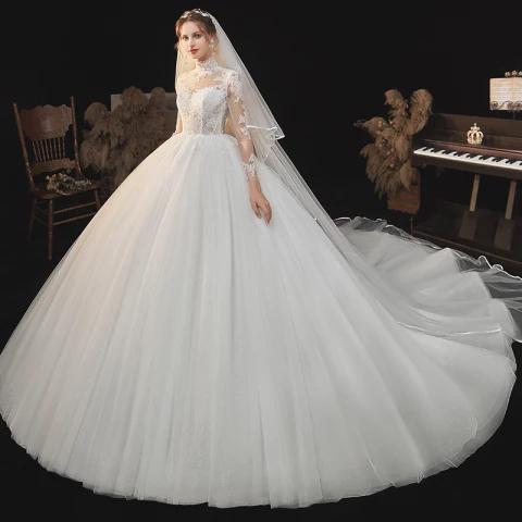 Illusion Ivory / Creme Durchsichtige Spitze Blumen Brautkleider / Hochzeitskleider 2021 Ballkleid Stehkragen 3/4 Ärmel Rückenfreies Kathedrale Schleppe Hochzeit