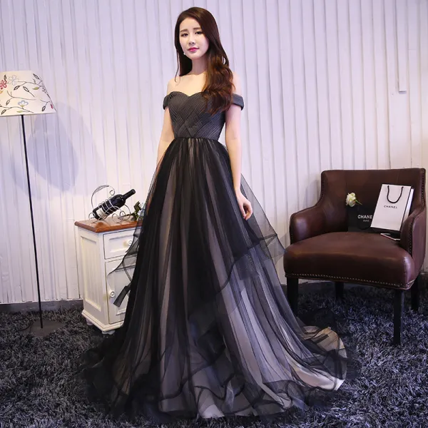 Chic / Beautiful Black Ruffle Evening Dresses  2018 A-Line / Princess Off-The-Shoulder Sleeveless Backless Sweep Train Formal Dresses