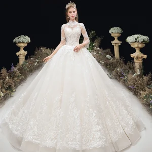 Classy Ivory Wedding Dresses 2020 Ball Gown High Neck Beading Sequins Lace Flower 3 4 Sleeve Backless Chapel Train