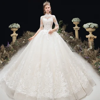 Chic Ivoire Robe De Mariée 2020 Robe Boule Col Haut Perlage Paillettes En Dentelle Fleur 3 4 Manches Dos Nu Chapel Train