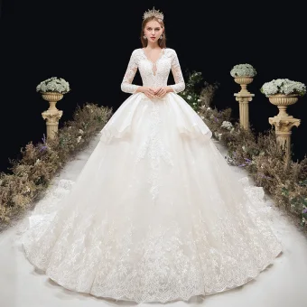 Elegant Ivory Wedding Dresses 2020 Ball Gown Deep V Neck Beading Sequins Pearl Rhinestone Lace Flower 3 4 Sleeve Backless Cathedral Train