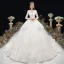 Élégant Ivoire Robe De Mariée 2020 Robe Boule Col v profond Perlage Paillettes Perle Faux Diamant En Dentelle Fleur 3/4 Manches Dos Nu Cathedral Train