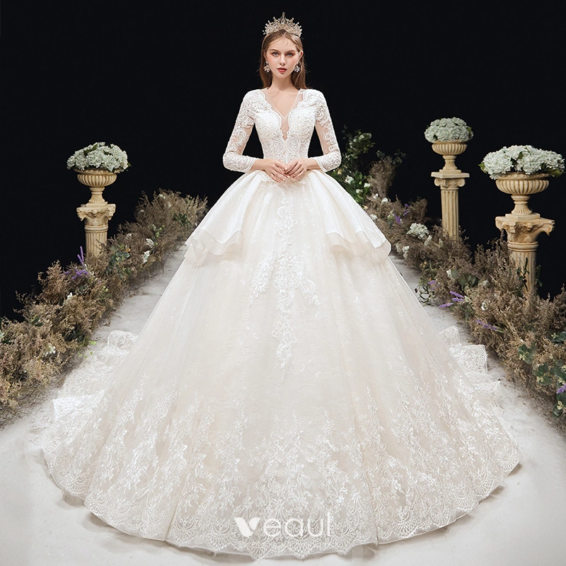 Elegant Ivory Wedding Dresses 2020 Ball Gown Deep V-Neck Beading Sequins Pearl Rhinestone Lace Flower 3/4 Sleeve Backless Cathedral Train