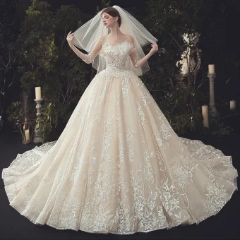 Luxury Gorgeous Ivory Beading Wedding Dresses 2020 Ball Gown Scoop Neck Lace Flower Appliques Pearl Sequins 3 4 Sleeve Backless Cathedral Train