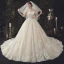 Luxury / Gorgeous Ivory Beading Wedding Dresses 2020 Ball Gown Scoop Neck Lace Flower Appliques Pearl Sequins 3/4 Sleeve Backless Cathedral Train