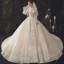 Luxury / Gorgeous Champagne Beading Wedding Dresses 2020 Ball Gown Off-The-Shoulder Sequins Lace Flower Short Sleeve Backless Royal Train