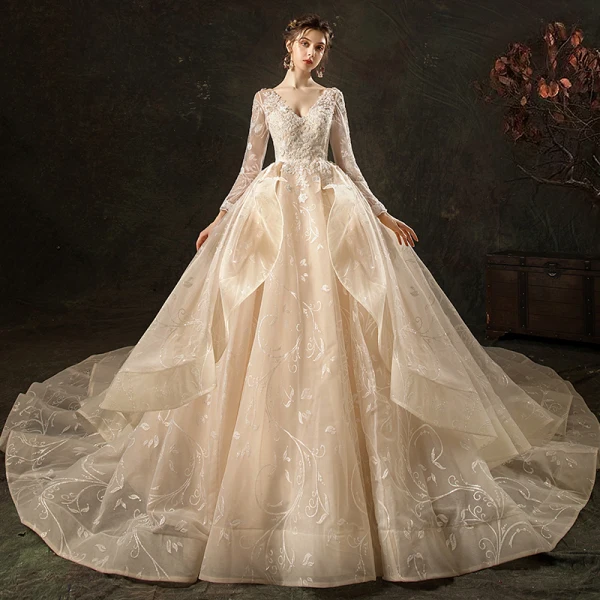 High-end Fashion Champagne Wedding Dresses 2020 Ball Gown V-Neck Lace  Flower Long Sleeve Backless