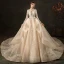 Haut de Gamme Mode Champagne Robe De Mariée 2020 Robe Boule V-Cou En Dentelle Fleur Manches Longues Dos Nu Volants en Cascade Royal Train