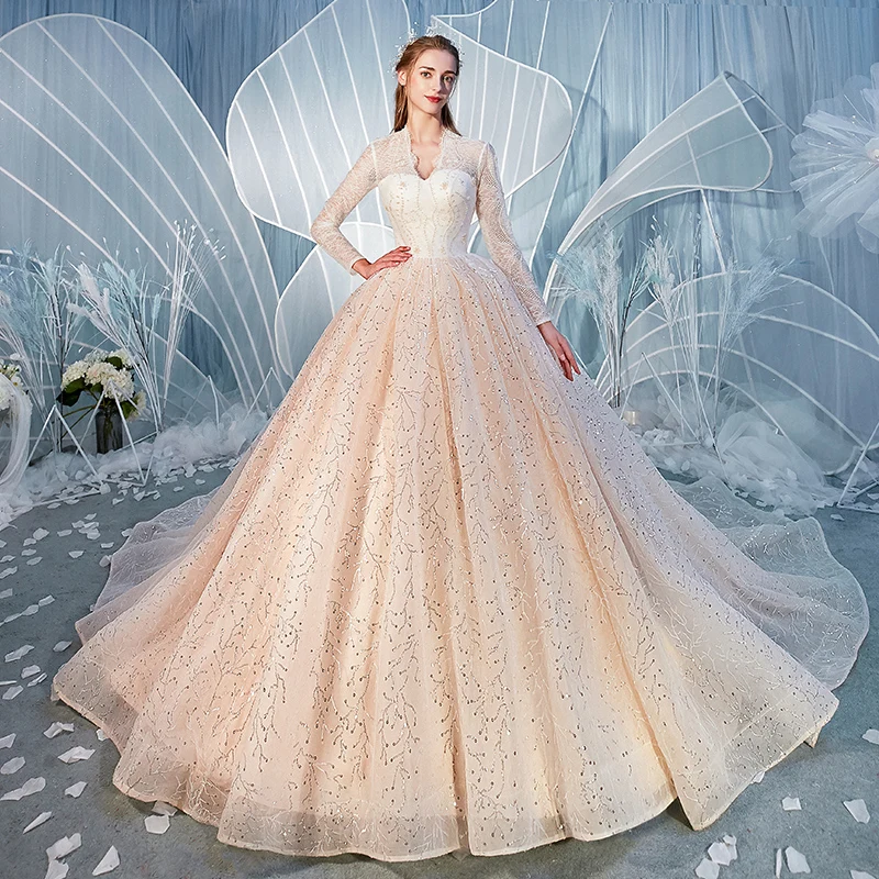 Charming Champagne Wedding Dresses 2020 Ball Gown V-Neck Sequins Lace  Flower Long Sleeve Backless Cathedral Train