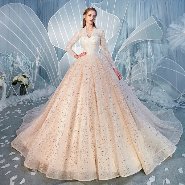 Uroczy Szampan Suknie Ślubne 2020 Suknia Balowa V-Szyja Cekiny Z Koronki Kwiat Długie Rękawy Bez Pleców Trenem Katedra