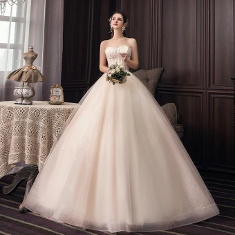 Fashion Champagne Corset Wedding Dresses 2020 Ball Gown Strapless Glitter Tulle Lace Flower Sleeveless Backless Floor Length Long