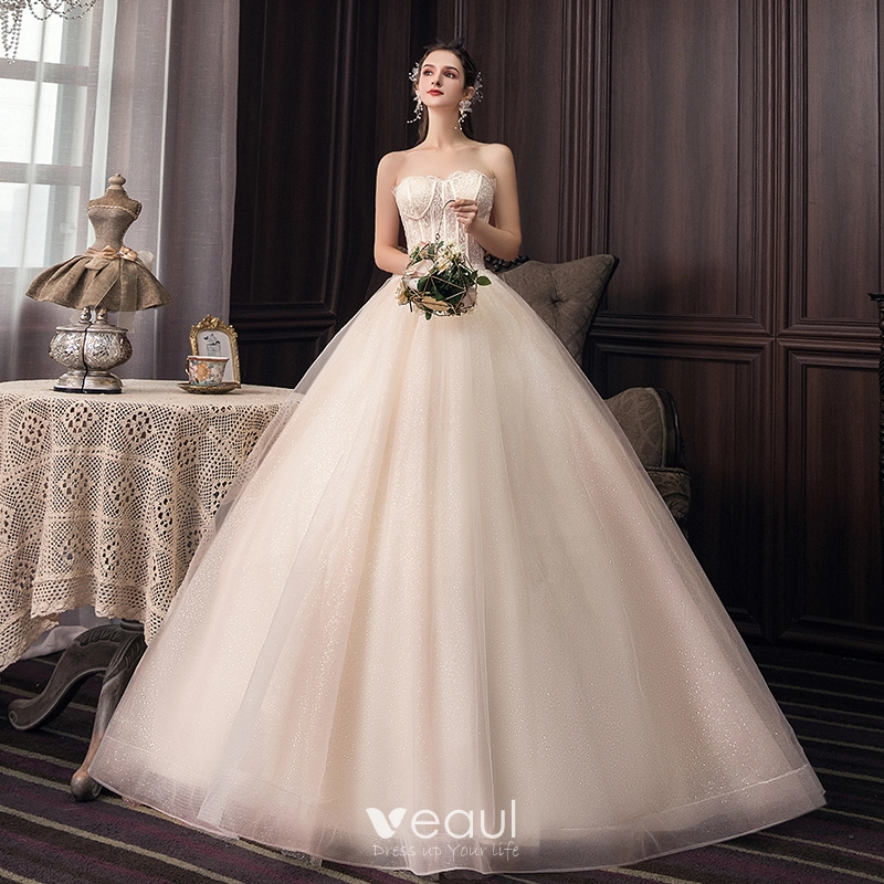 Mode Champagne Corset Robe De Mariee 2020 Robe Boule Bustier Glitter Tulle En Dentelle Fleur Sans Manches Dos Nu Longue