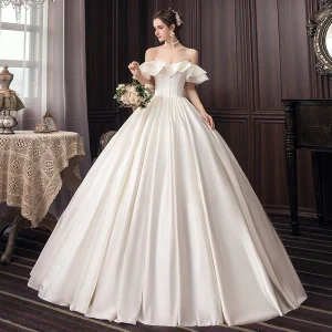 Modest Simple Ivory Wedding Dresses 2020 Ball Gown Off The Shoulder Short Sleeve Backless Floor Length Long