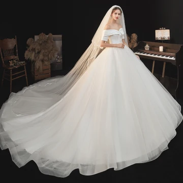 Simple Élégant Ivoire Robe De Mariée 2021 Princesse De L 039 Épaule Manches Courtes Dos Nu Royal Train Mariage