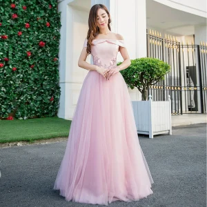 Hermoso Rosa Vestidos De Gala 2018 A Line Princess Apliques Perla Fuera Del Hombro Sin Espalda Sin Mangas Largos Vestidos Formales