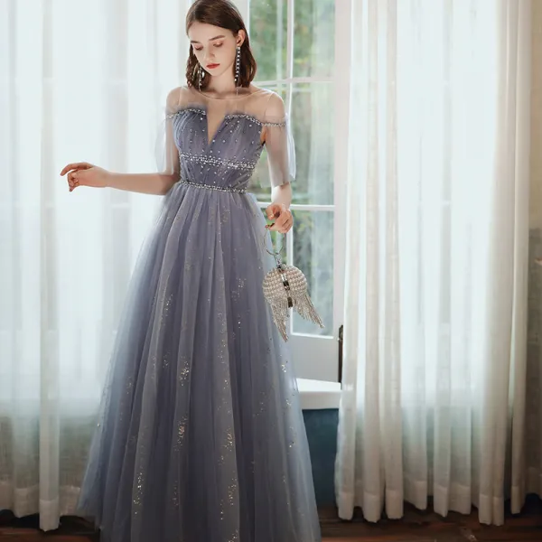 Chic / Beautiful Purple Prom Dresses 2020 A-Line / Princess Scoop Neck Beading Sequins Floor-Length / Long Short Sleeve Backless Formal Dresses